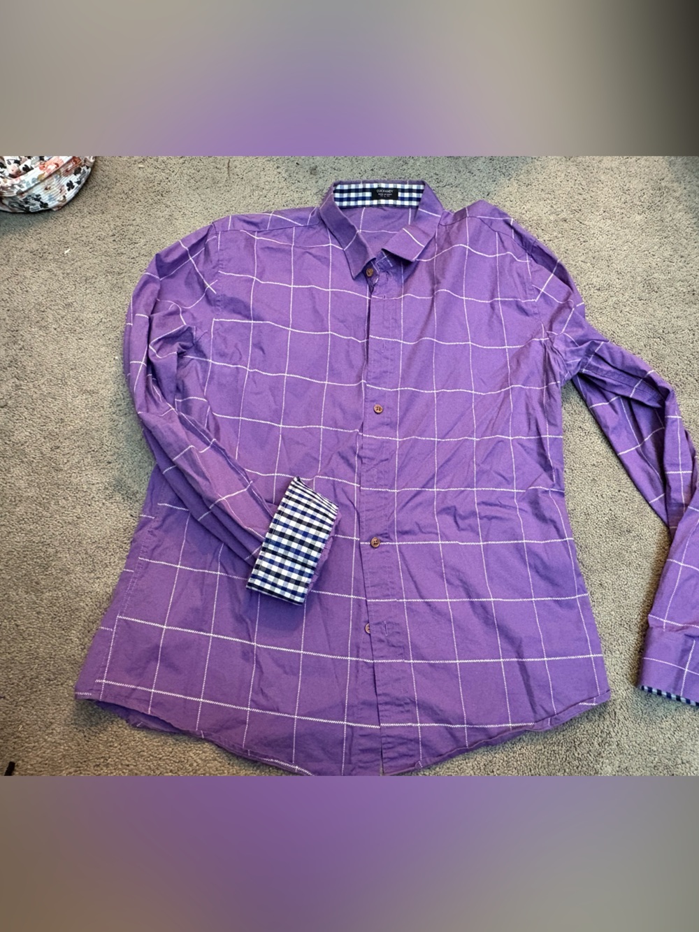Men's Purple Windowpane Button-Down Shirt with Contrast Gingham Trim